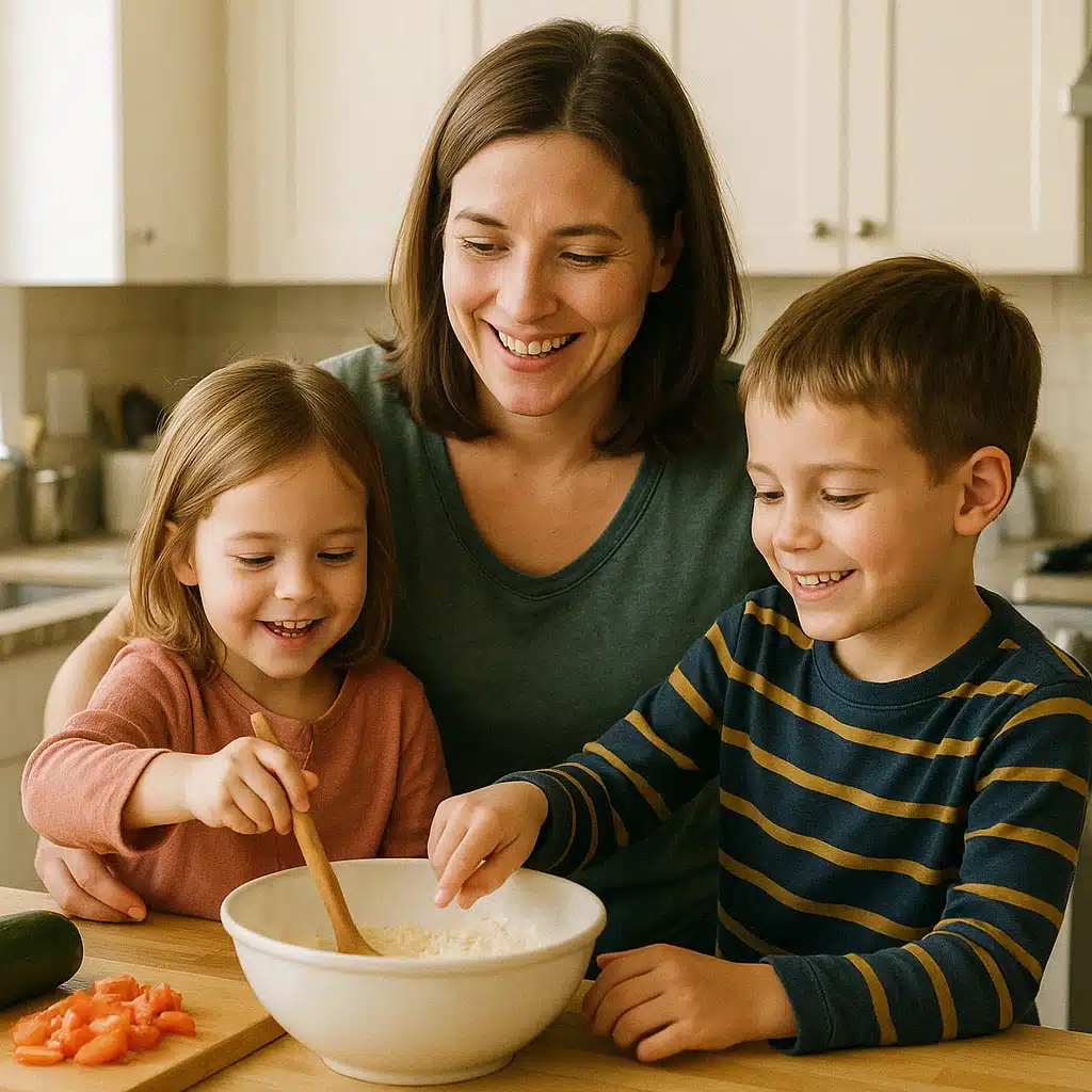About me 1 Sarah cooking with her two young children in a cozy home kitchen