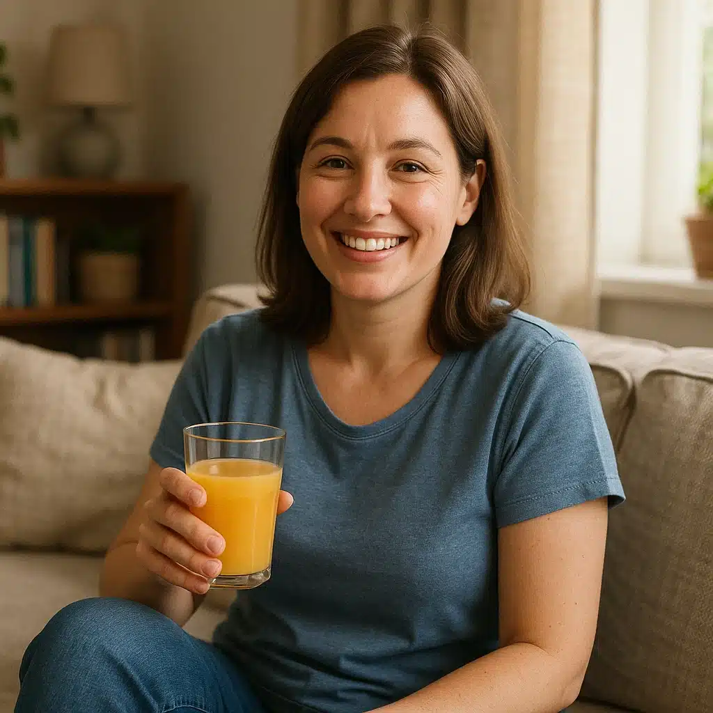 About me 2 Sarah smiling while holding a glass of orange juice on the couch