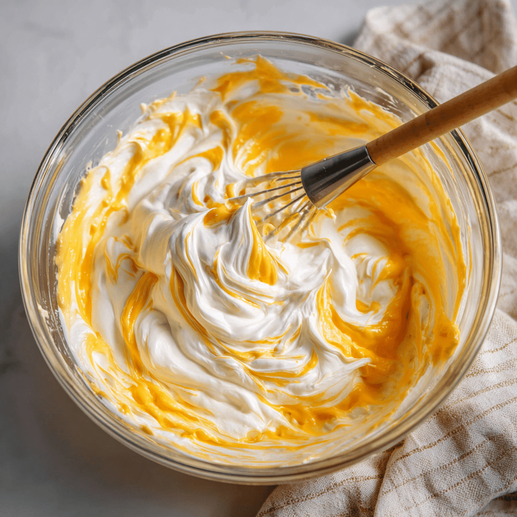 mixing mango cheesecake filling