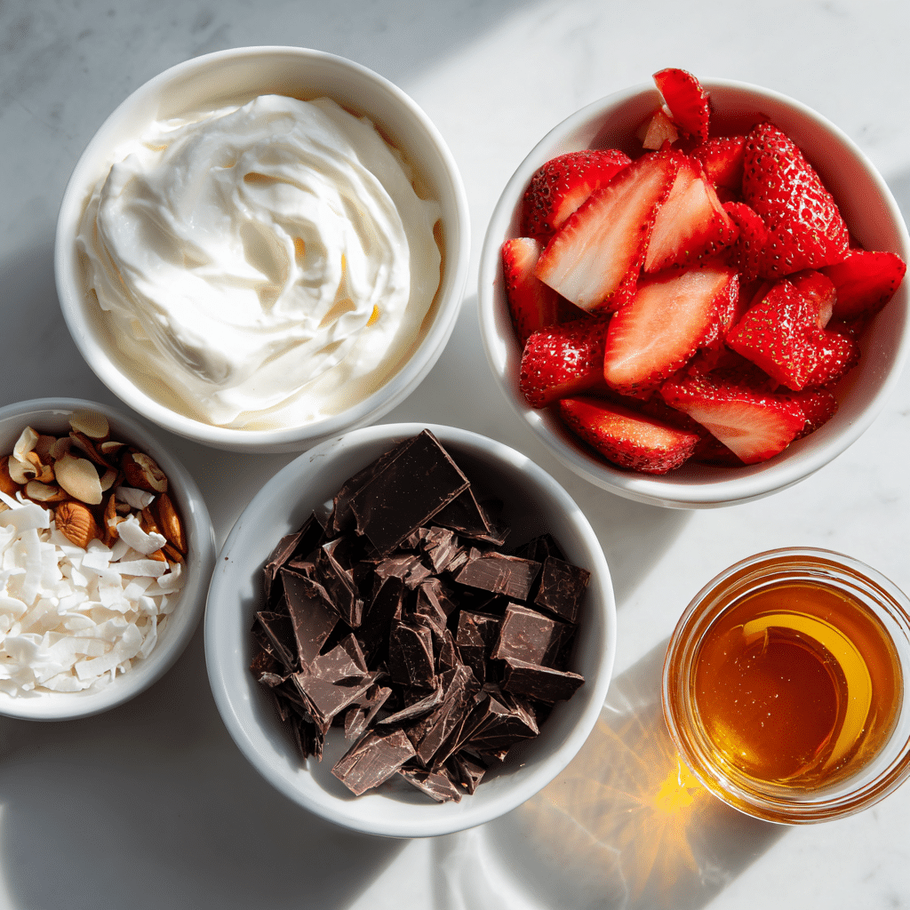 Strawberry Greek Yogurt Chocolate Bark: Simple, Creamy, Irresistible 8 Ingredients for strawberry Greek yogurt chocolate bark laid out neatly