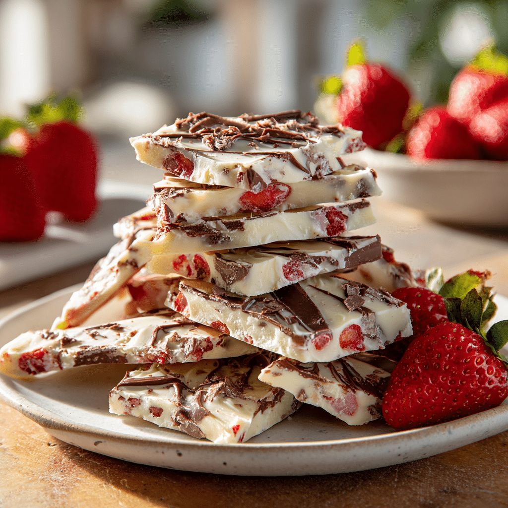 Strawberry Greek Yogurt Chocolate Bark: Simple, Creamy, Irresistible 10 Serving plate with pieces of strawberry Greek yogurt chocolate bark